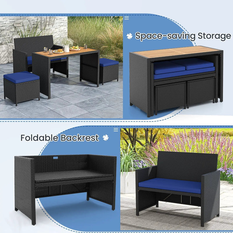4 Piece Outdoor Dining Set with Wood Topped Dining Table Rattan Loveseat Chair and 2 Ottomans-Navy by DirectDeals