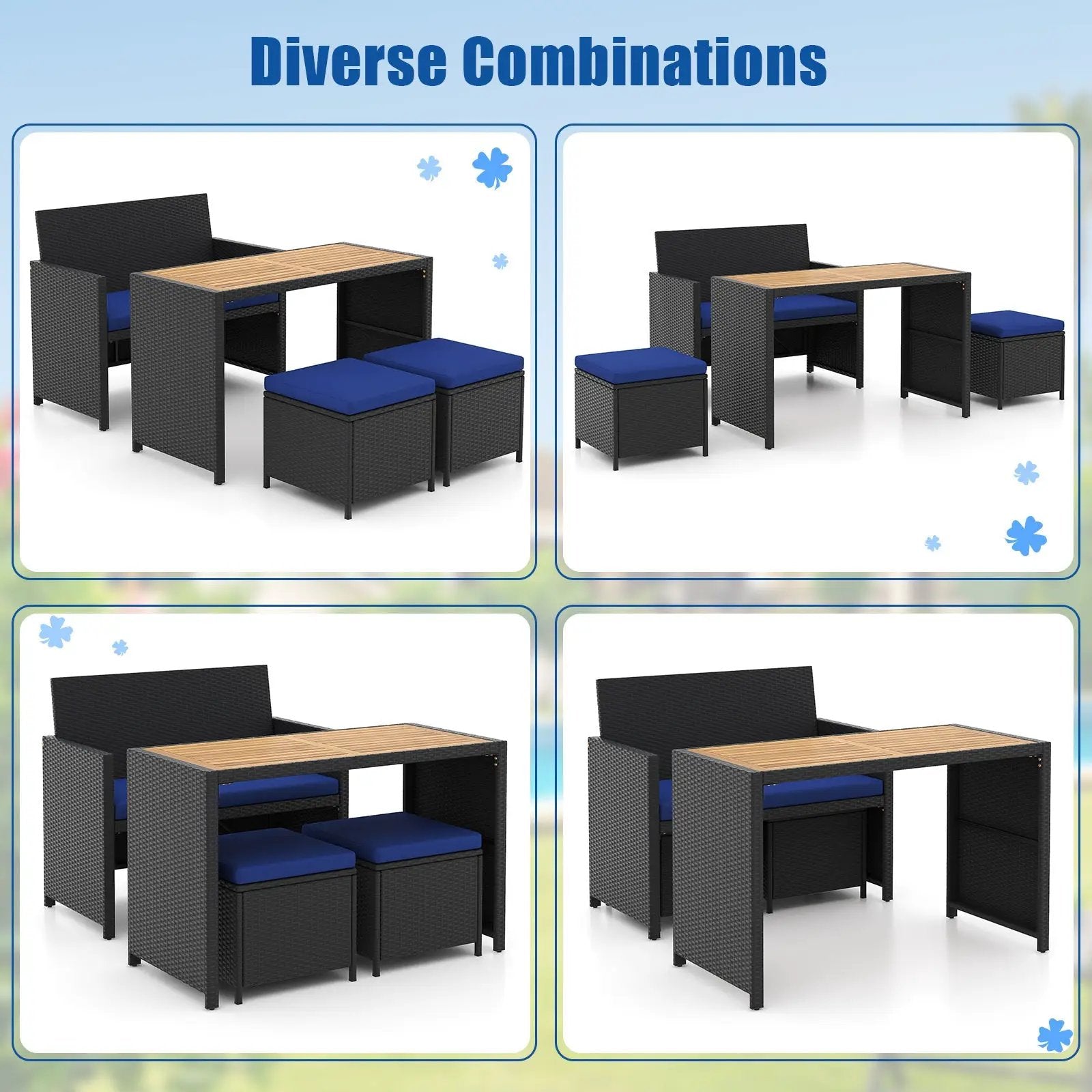 4 Piece Outdoor Dining Set with Wood Topped Dining Table Rattan Loveseat Chair and 2 Ottomans-Navy by DirectDeals