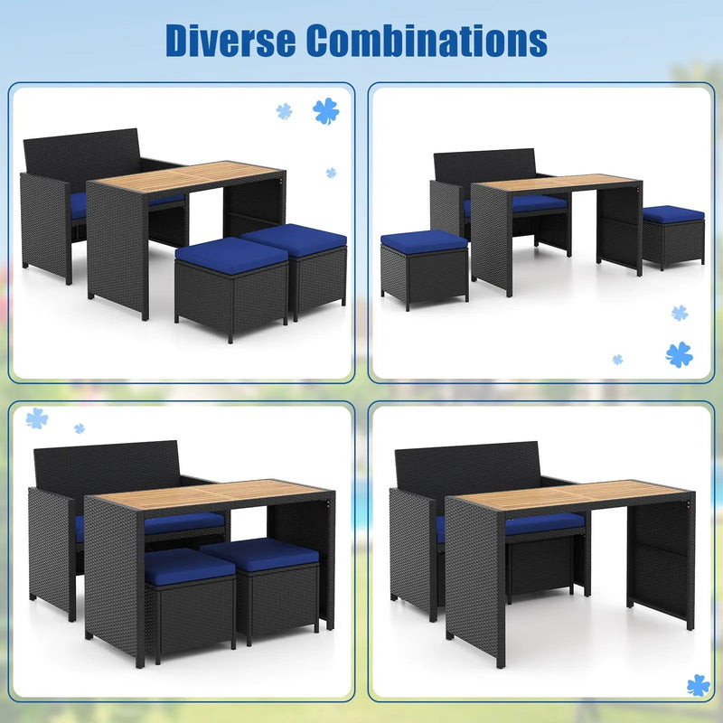 4 Piece Outdoor Dining Set with Wood Topped Dining Table Rattan Loveseat Chair and 2 Ottomans-Navy by DirectDeals