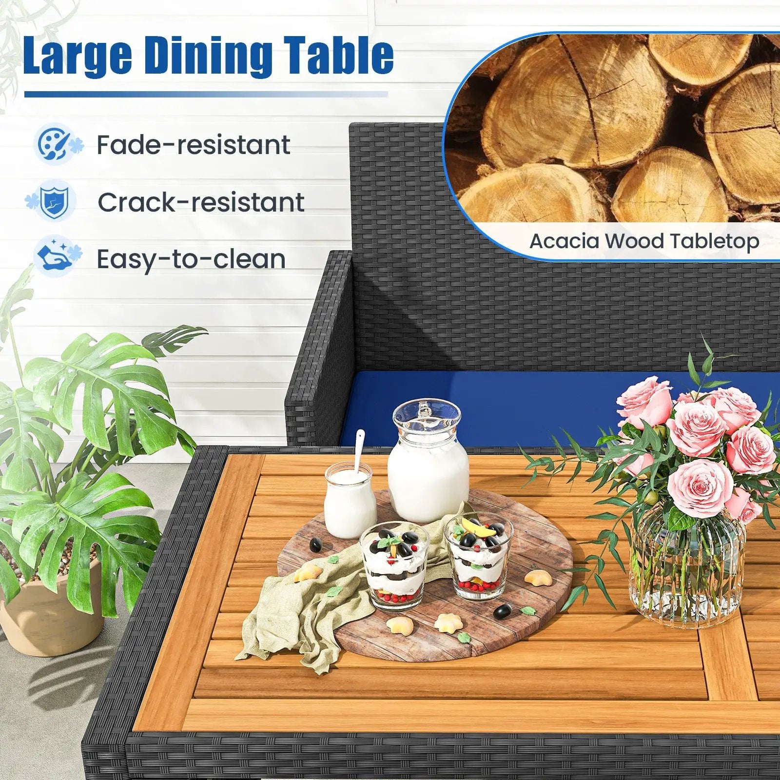 4 Piece Outdoor Dining Set with Wood Topped Dining Table Rattan Loveseat Chair and 2 Ottomans-Navy by DirectDeals