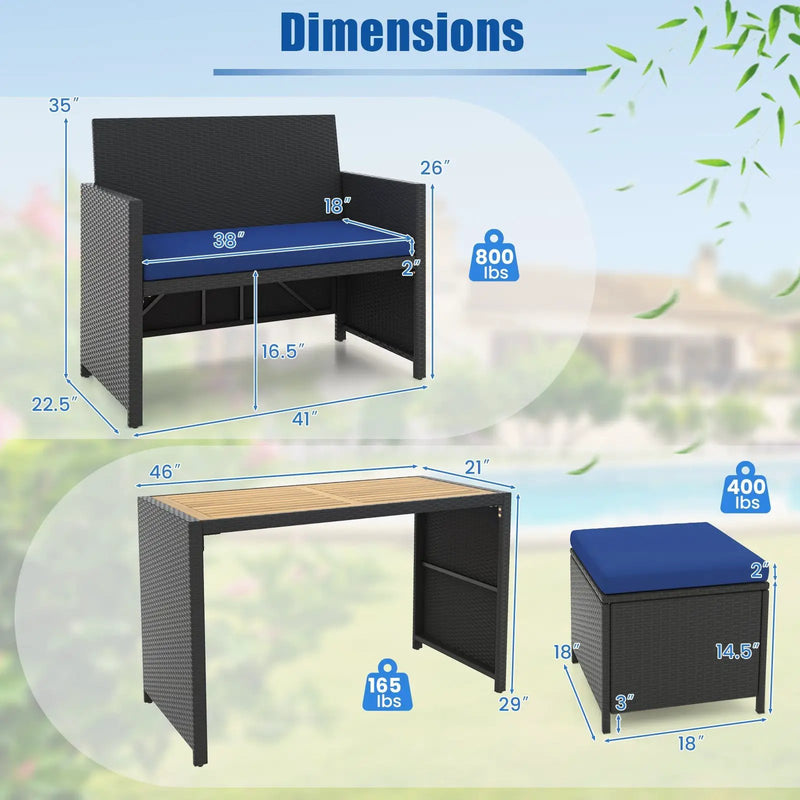 4 Piece Outdoor Dining Set with Wood Topped Dining Table Rattan Loveseat Chair and 2 Ottomans-Navy by DirectDeals