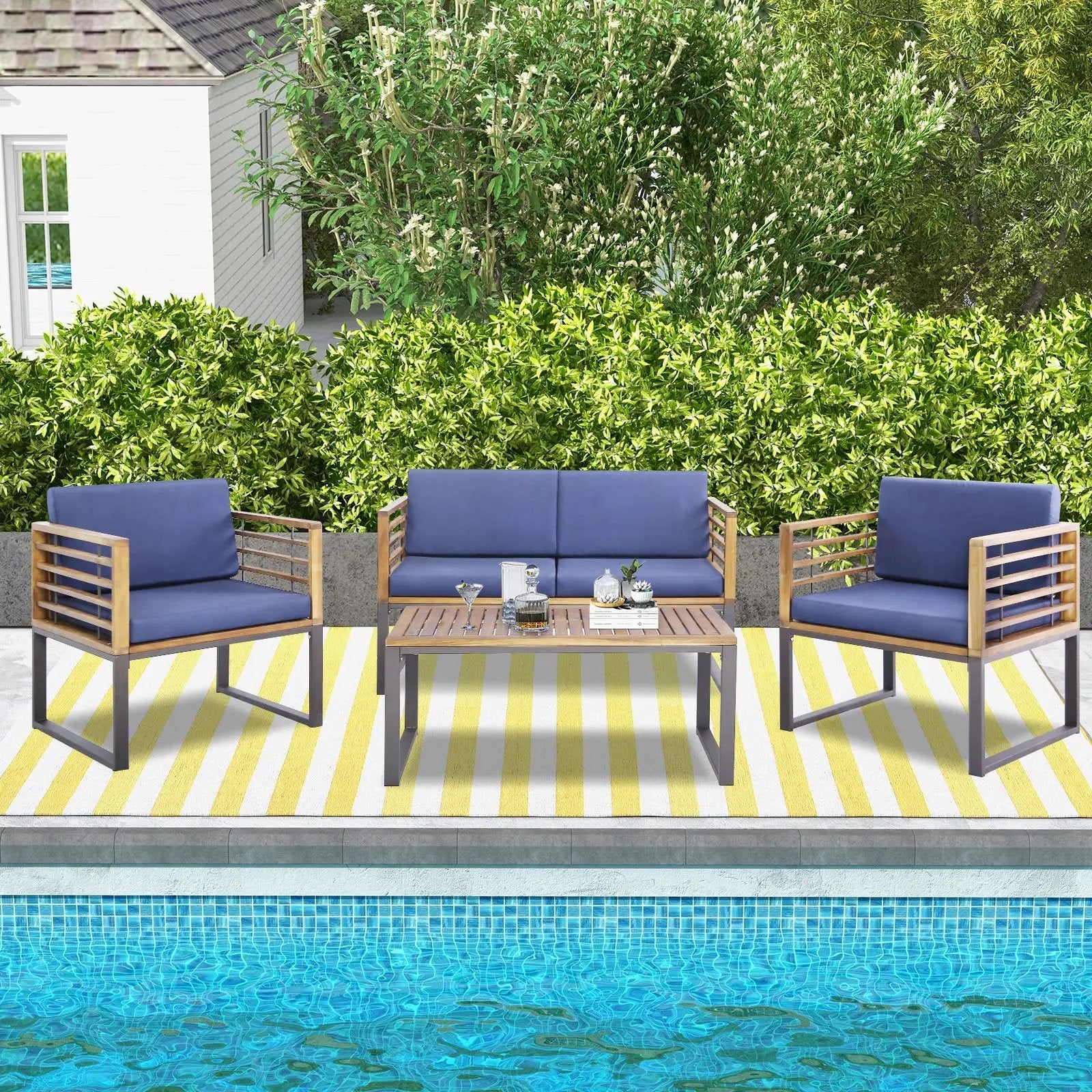 4 Piece Patio Acacia Wood Conversation Set with Soft Seat-Navy by DirectDeals