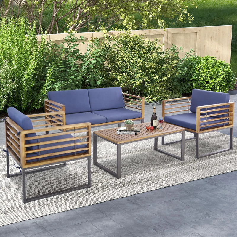 4 Piece Patio Acacia Wood Conversation Set with Soft Seat-Navy by DirectDeals