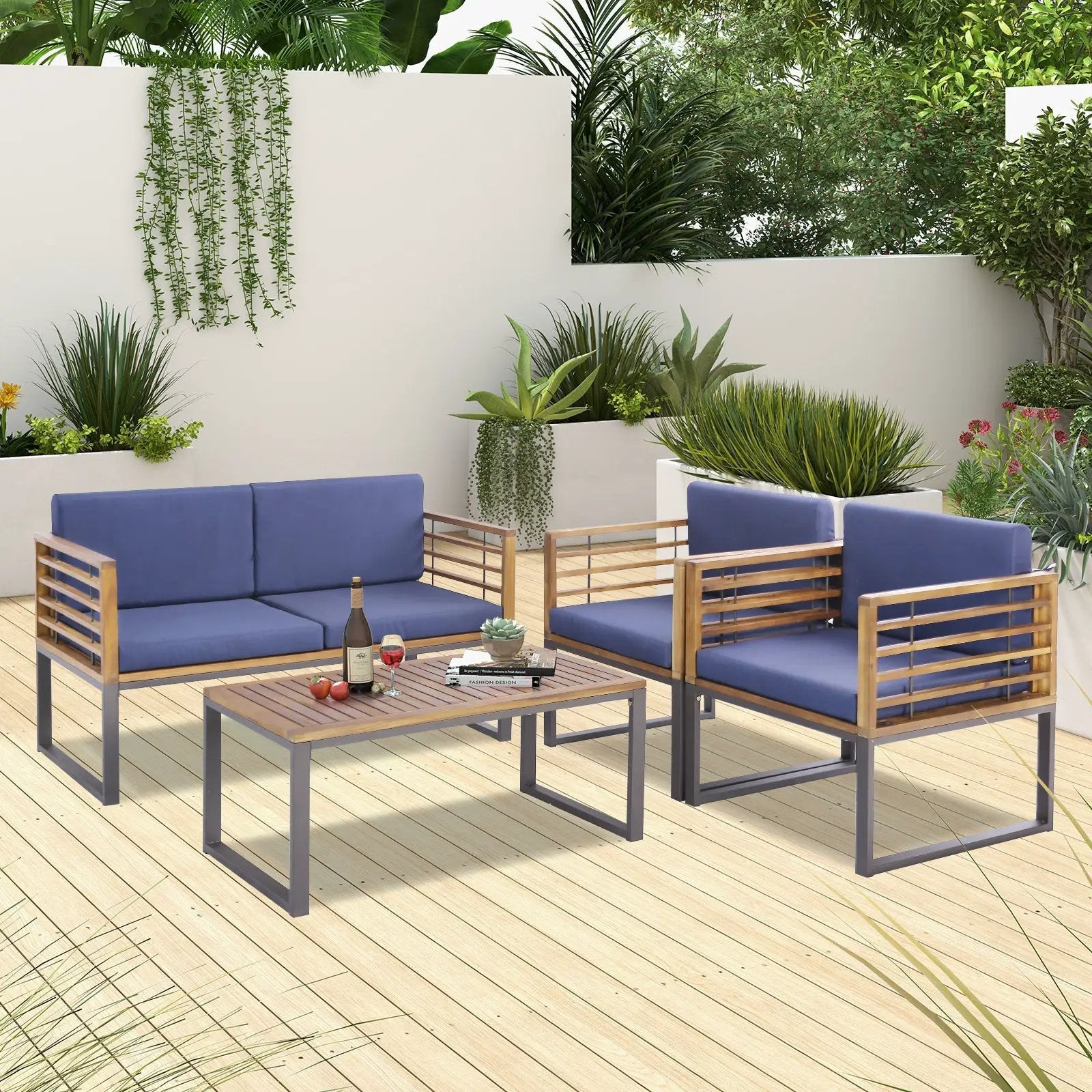 4 Piece Patio Acacia Wood Conversation Set with Soft Seat-Navy by DirectDeals