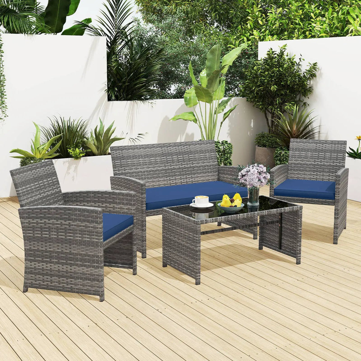 4 Piece Patio Conversation Set Rattan Chair Loveseat and Table Set