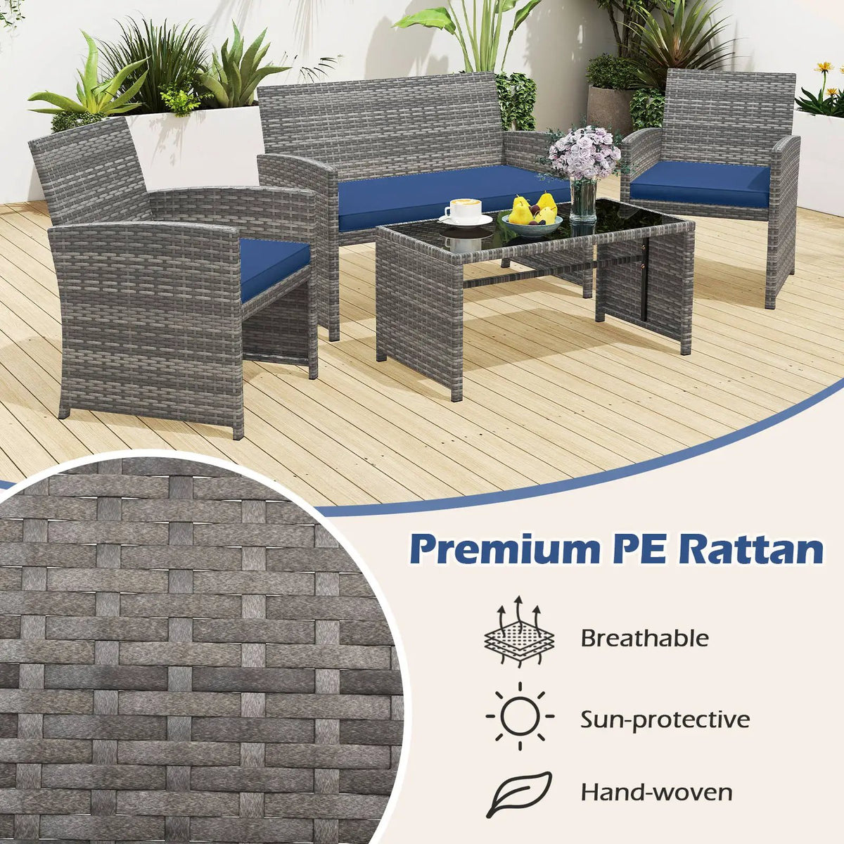 4 Piece Patio Conversation Set Rattan Chair Loveseat and Table Set, photo 34 of 40