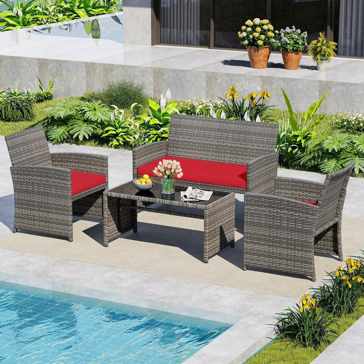 4 Piece Patio Conversation Set Rattan Chair Loveseat and Table Set, photo 5 of 40
