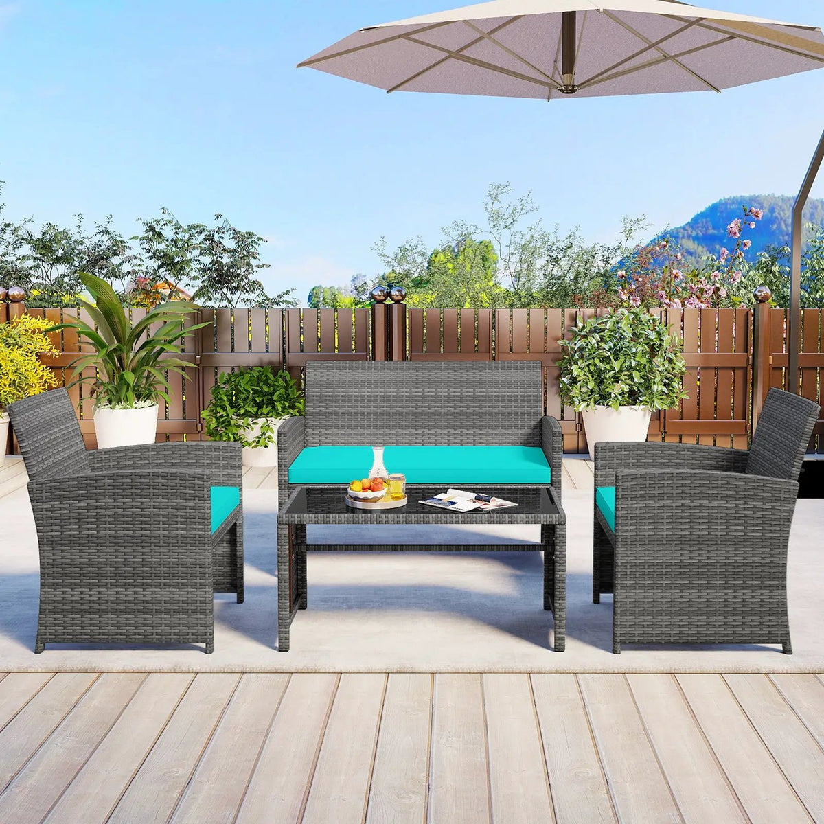 4 Piece Patio Conversation Set Rattan Chair Loveseat and Table Set, photo 7 of 40