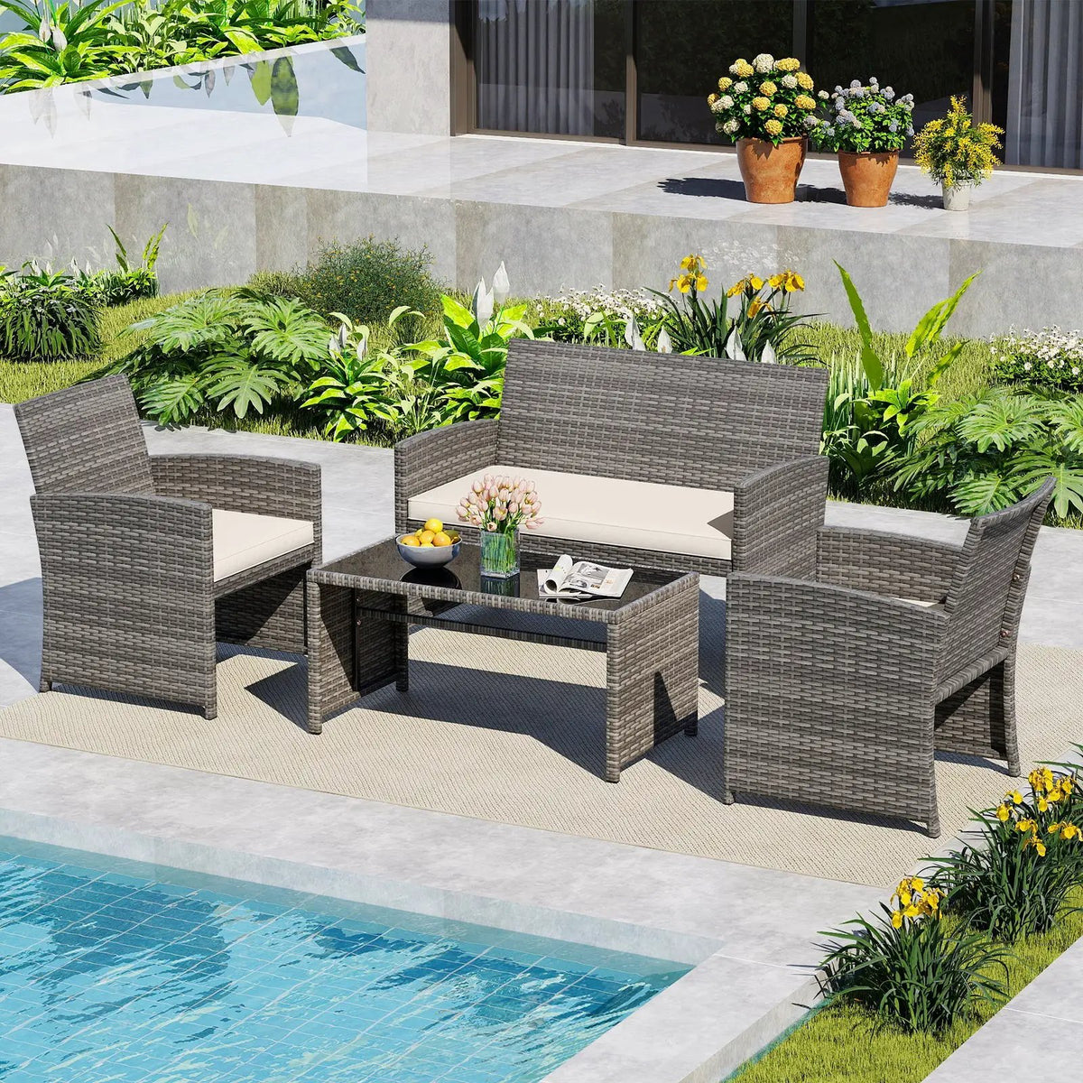 4 Piece Patio Conversation Set Rattan Chair Loveseat and Table Set, photo 3 of 40