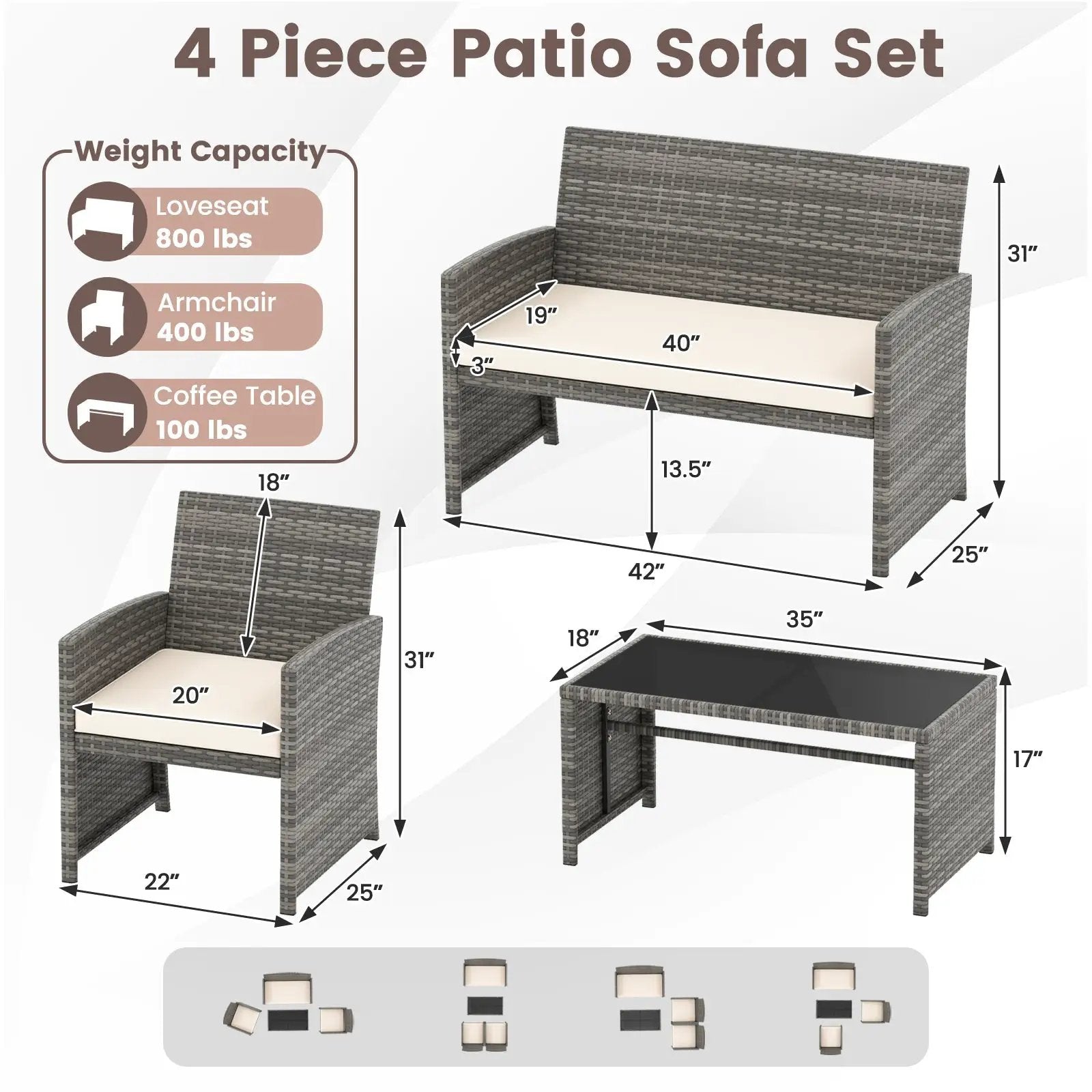 4 Piece Patio Conversation Set Rattan Chair Loveseat and Table Set by DirectDeals