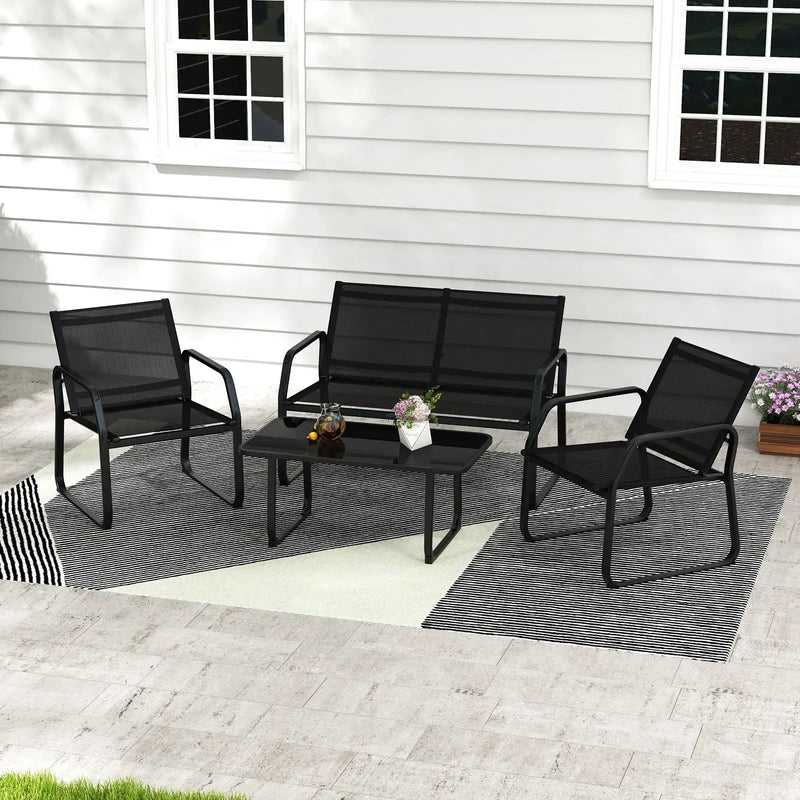 4 Pieces Patio Conversation Set with Breathable Fabric Seat and Tempered Glass Tabletop-Black by DirectDeals
