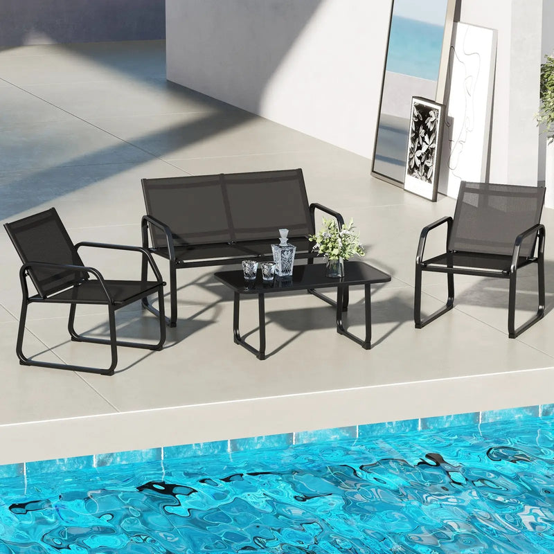 4 Pieces Patio Conversation Set with Breathable Fabric Seat and Tempered Glass Tabletop-Black by DirectDeals