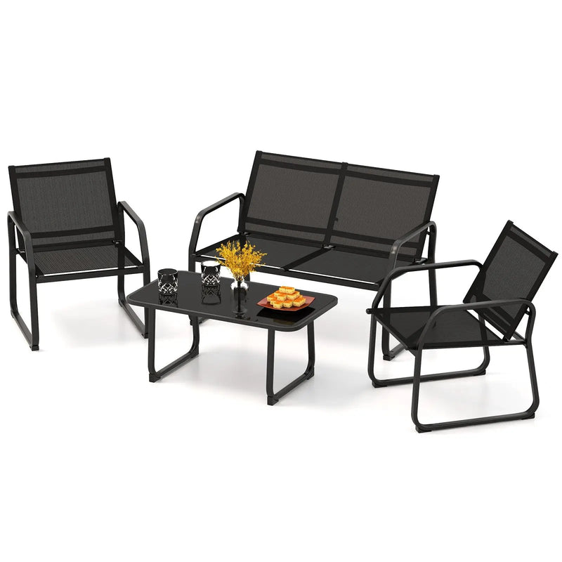 4 Pieces Patio Conversation Set with Breathable Fabric Seat and Tempered Glass Tabletop-Black by DirectDeals
