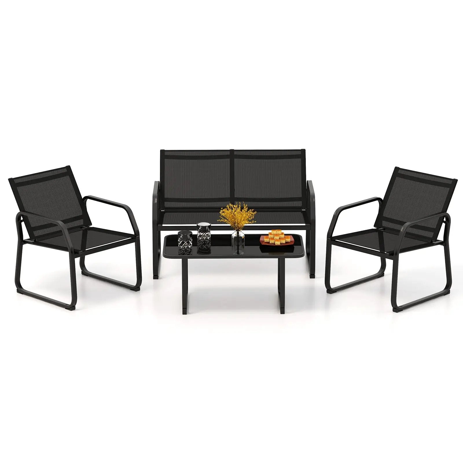 4 Pieces Patio Conversation Set with Breathable Fabric Seat and Tempered Glass Tabletop-Black by DirectDeals
