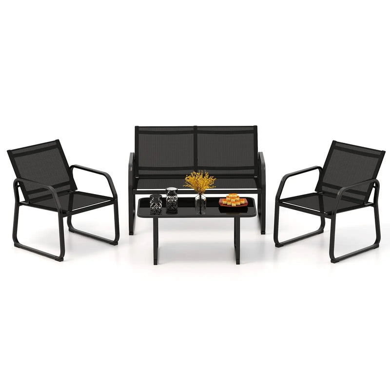 4 Pieces Patio Conversation Set with Breathable Fabric Seat and Tempered Glass Tabletop-Black by DirectDeals