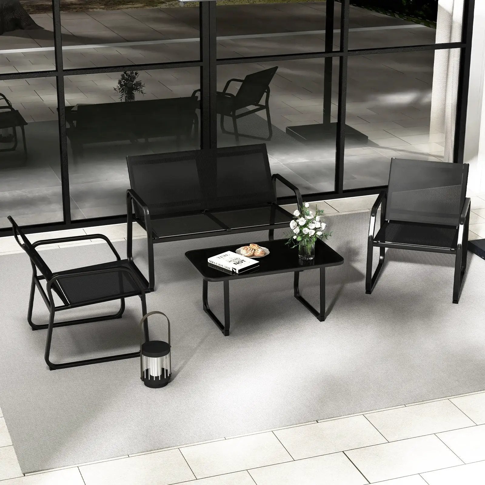4 Pieces Patio Conversation Set with Breathable Fabric Seat and Tempered Glass Tabletop-Black by DirectDeals