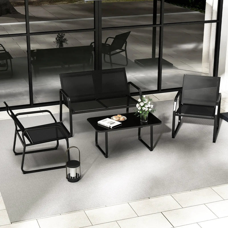 4 Pieces Patio Conversation Set with Breathable Fabric Seat and Tempered Glass Tabletop-Black by DirectDeals