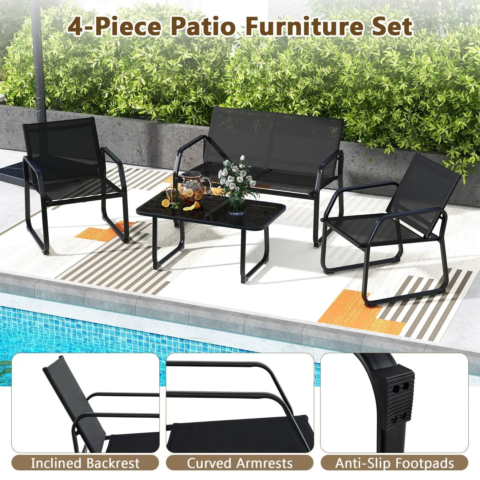 4 Pieces Patio Conversation Set with Breathable Fabric Seat and Tempered Glass Tabletop-Black by DirectDeals