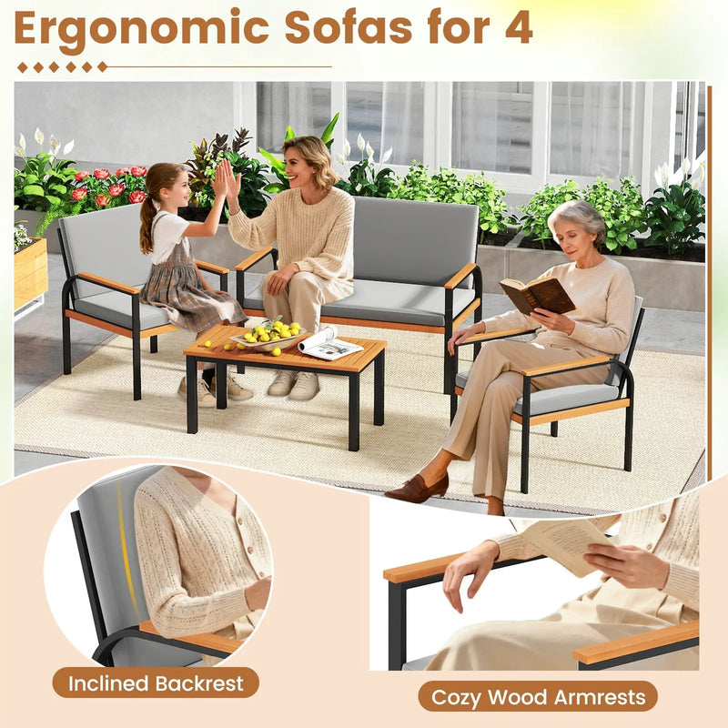 4 Piece Patio Furniture Set with Coffee Table and Loveseat with Removable Cushions-Gray by DirectDeals