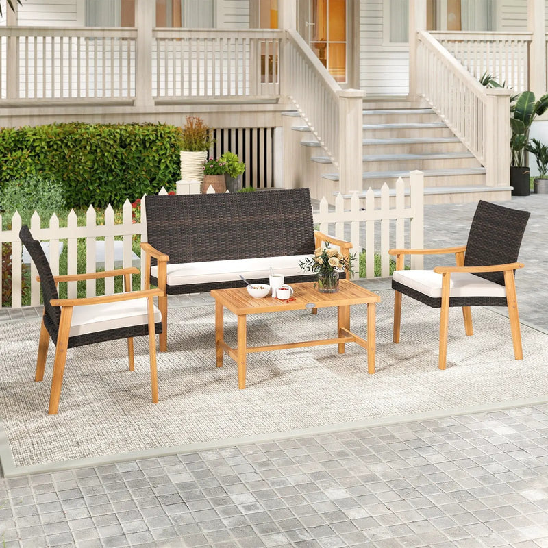 4 Piece Patio Furniture Set PE Rattan Porch Chairs with Acacia Wood Coffee Table and Soft Cushions-White by DirectDeals