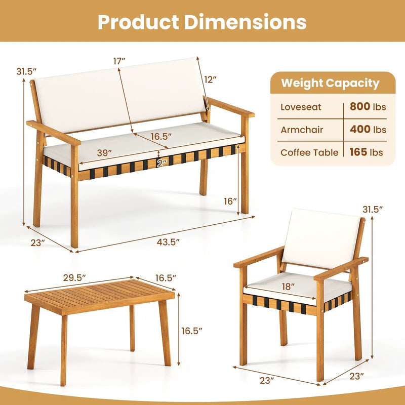 4 Piece Patio Furniture Set with Coffee Table for Backyard and Garden-White by DirectDeals