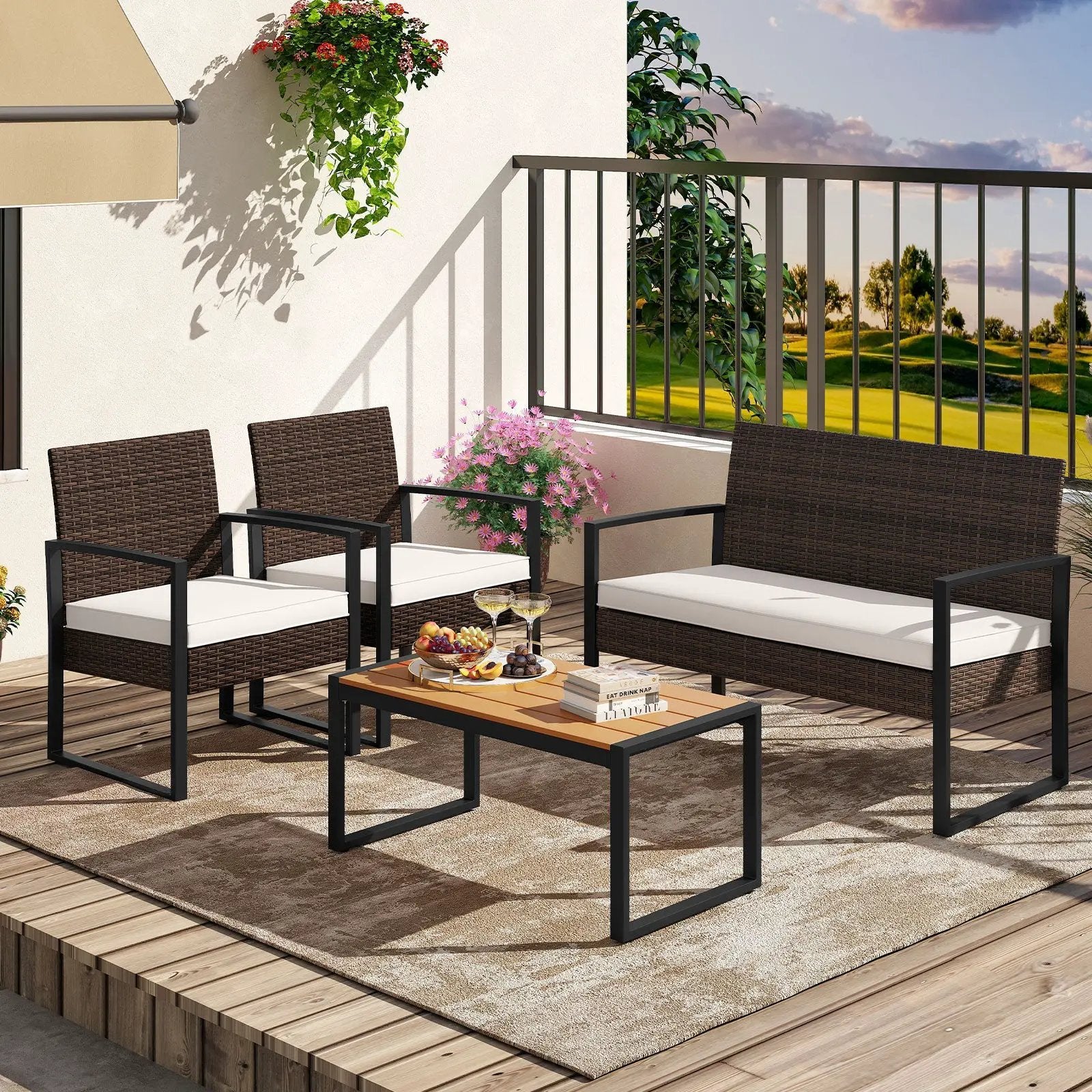 4 Piece Patio Furniture Set Outdoor Rattan Conversation Set with Cushioned Chairs and Wood Plastic Coffee Table-Off White by DirectDeals