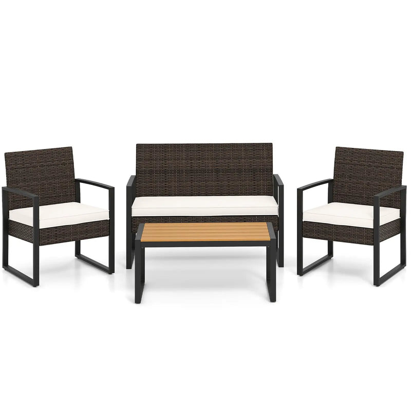 4 Piece Patio Furniture Set Outdoor Rattan Conversation Set with Cushioned Chairs and Wood Plastic Coffee Table-Off White by DirectDeals