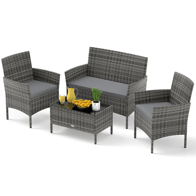 4 Pieces Patio Rattan Conversation Set with Tempered Glass Coffee Table by DirectDeals