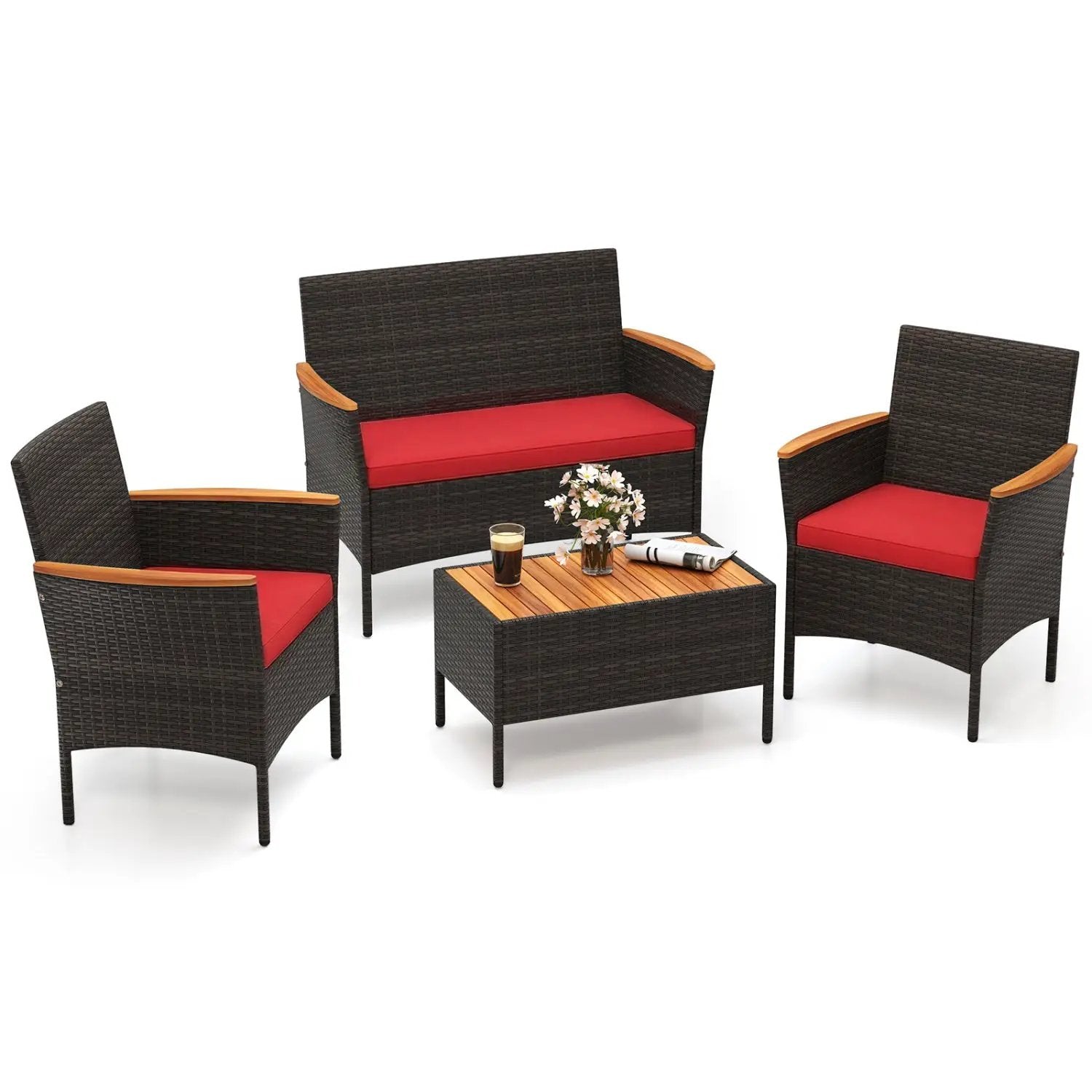 4 Piece Patio Wicker Sofa Set 2 Rattan Chairs and Loveseat with Table-Brown by DirectDeals