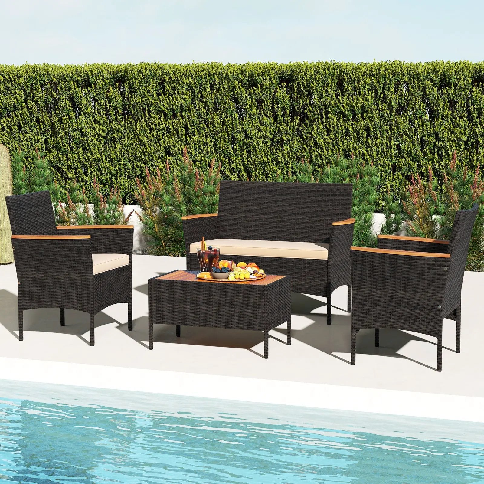 4 Piece Patio Wicker Sofa Set 2 Rattan Chairs and Loveseat with Table-Brown by DirectDeals