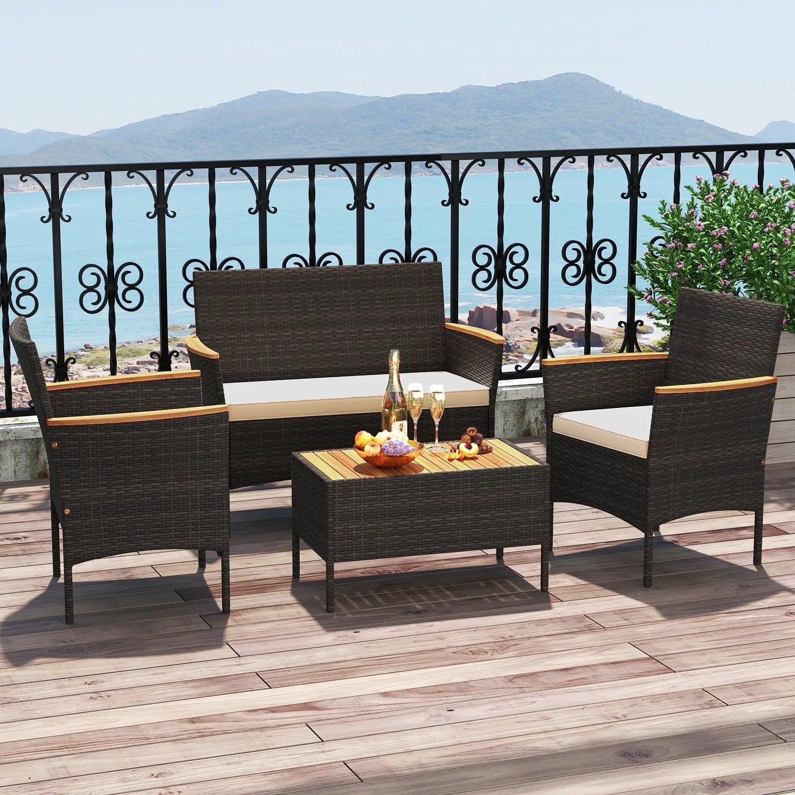 4 Piece Patio Wicker Sofa Set 2 Rattan Chairs and Loveseat with Table-Brown by DirectDeals