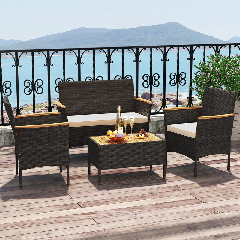 4 Piece Patio Wicker Sofa Set 2 Rattan Chairs and Loveseat with Table-Brown by DirectDeals
