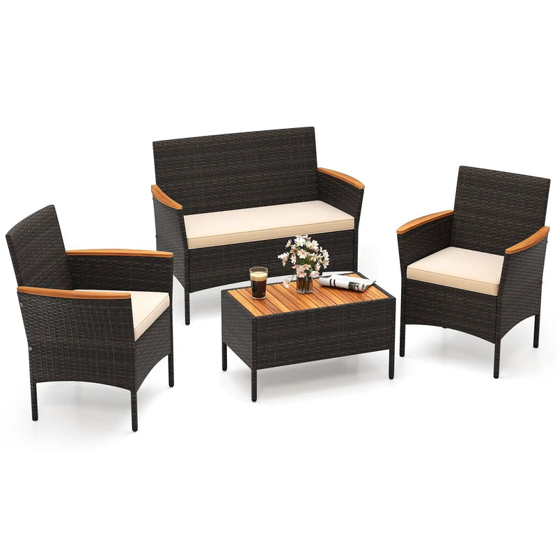 4 Piece Patio Wicker Sofa Set 2 Rattan Chairs and Loveseat with Table-Brown by DirectDeals