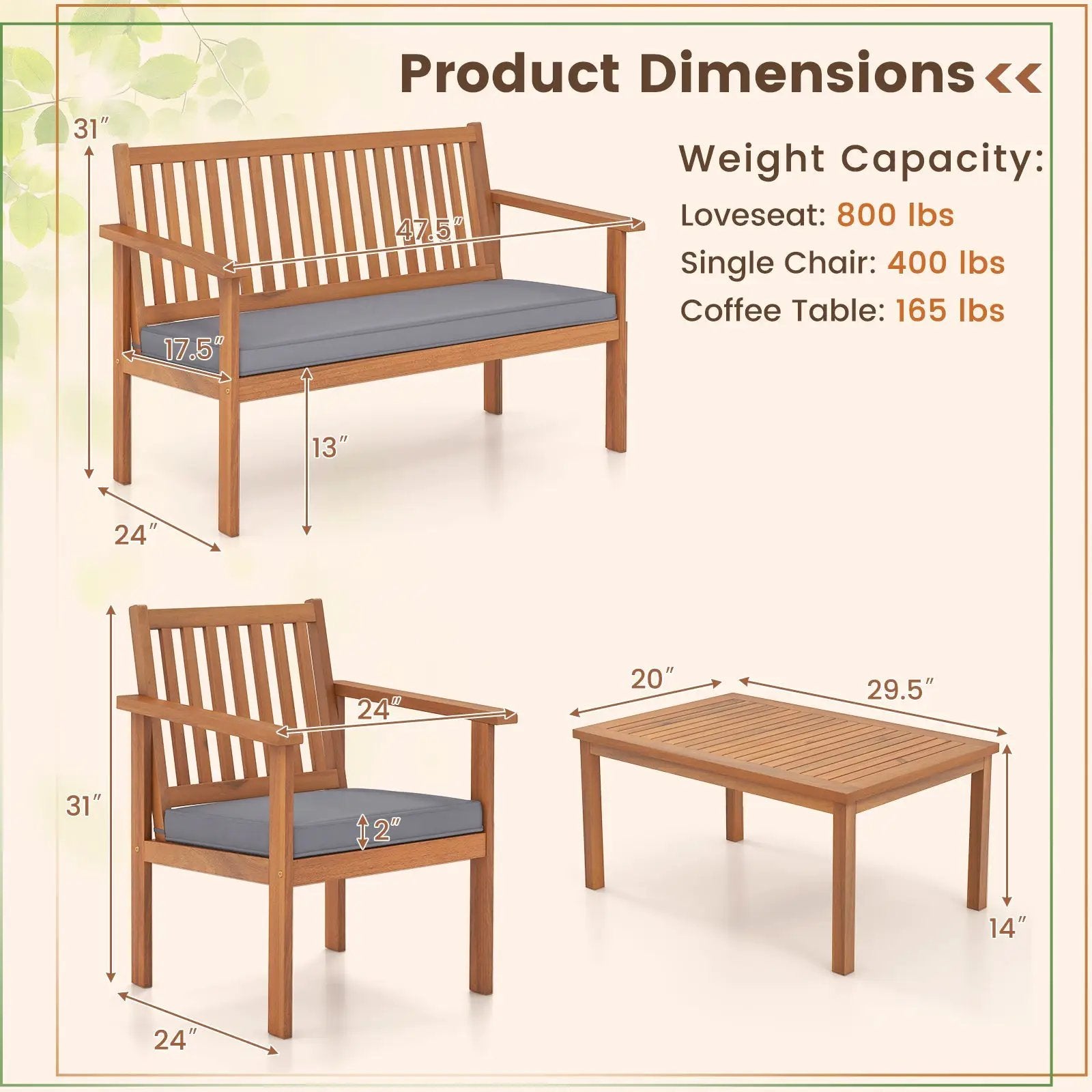 4 Piece Patio Wood Furniture Set Acacia Wood Sofa Set with Loveseat by DirectDeals