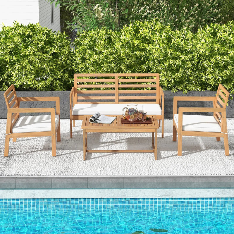 4 Piece Wood Patio Conversation Set with 2 Armchairs and Coffee Table-White by DirectDeals