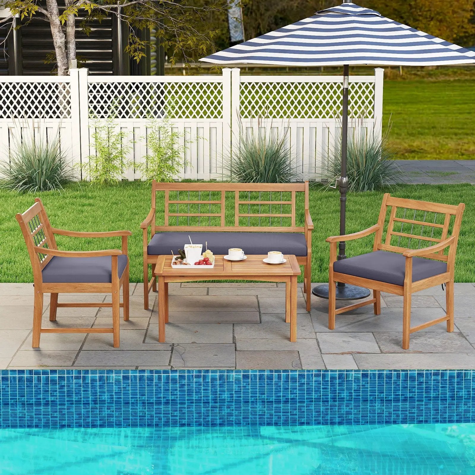 4 Piece Wood Patio Furniture with Armchairs Loveseat and Coffee Table by DirectDeals