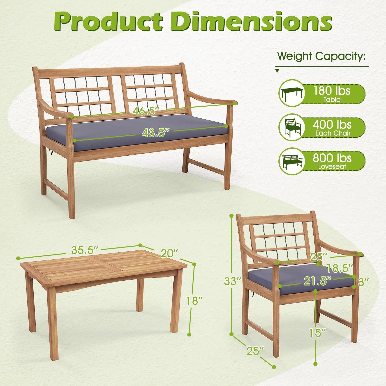 4 Piece Wood Patio Furniture with Armchairs Loveseat and Coffee Table by DirectDeals