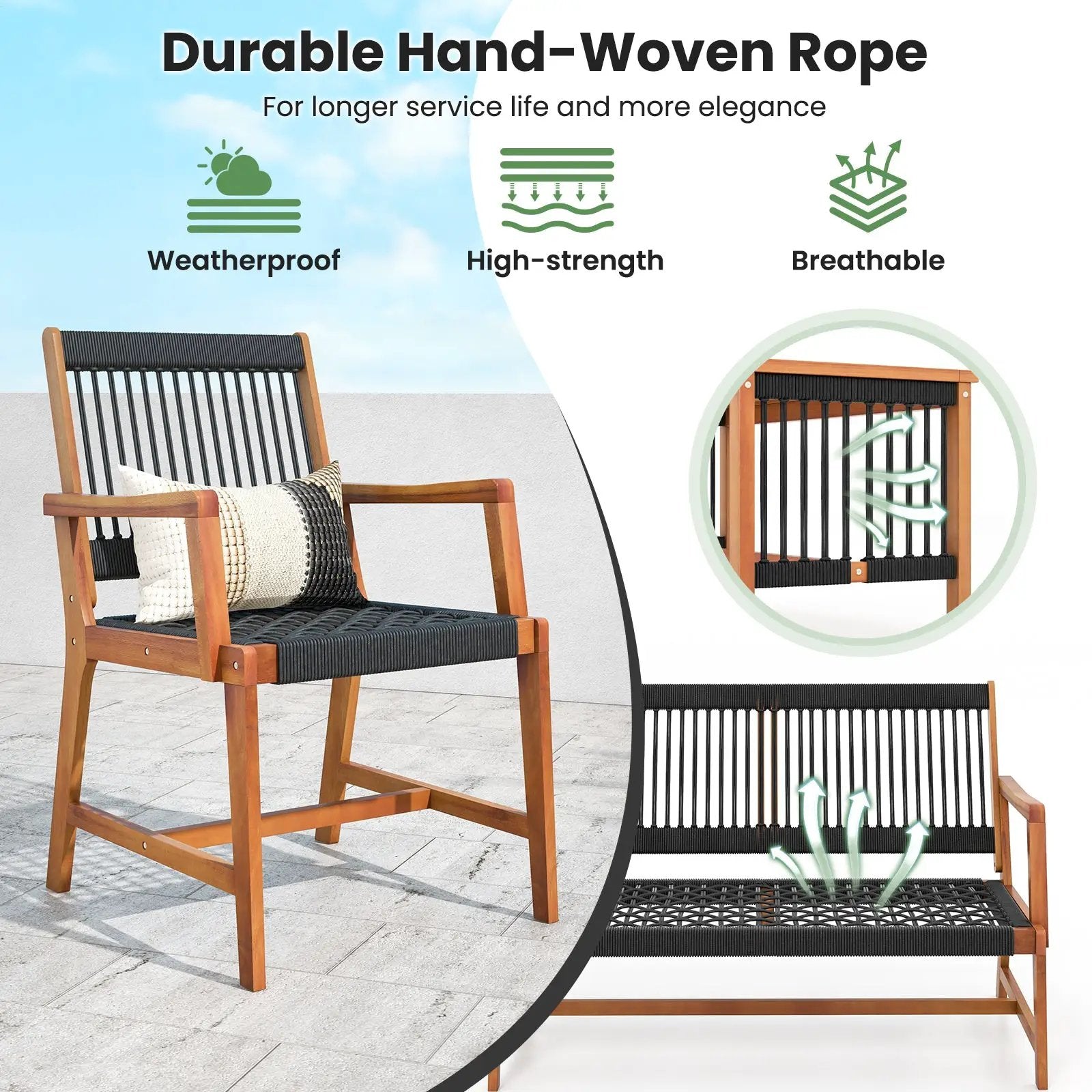 4 Pieces Acacia Wood Patio Conversation Table and Chair Set with Hand Woven Rope by DirectDeals