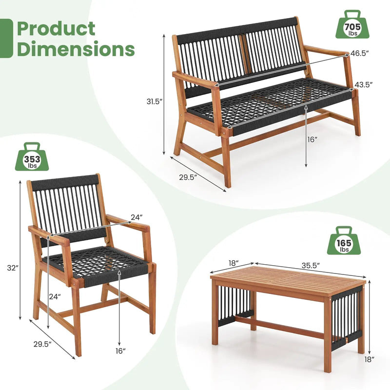 4 Pieces Acacia Wood Patio Conversation Table and Chair Set with Hand Woven Rope by DirectDeals
