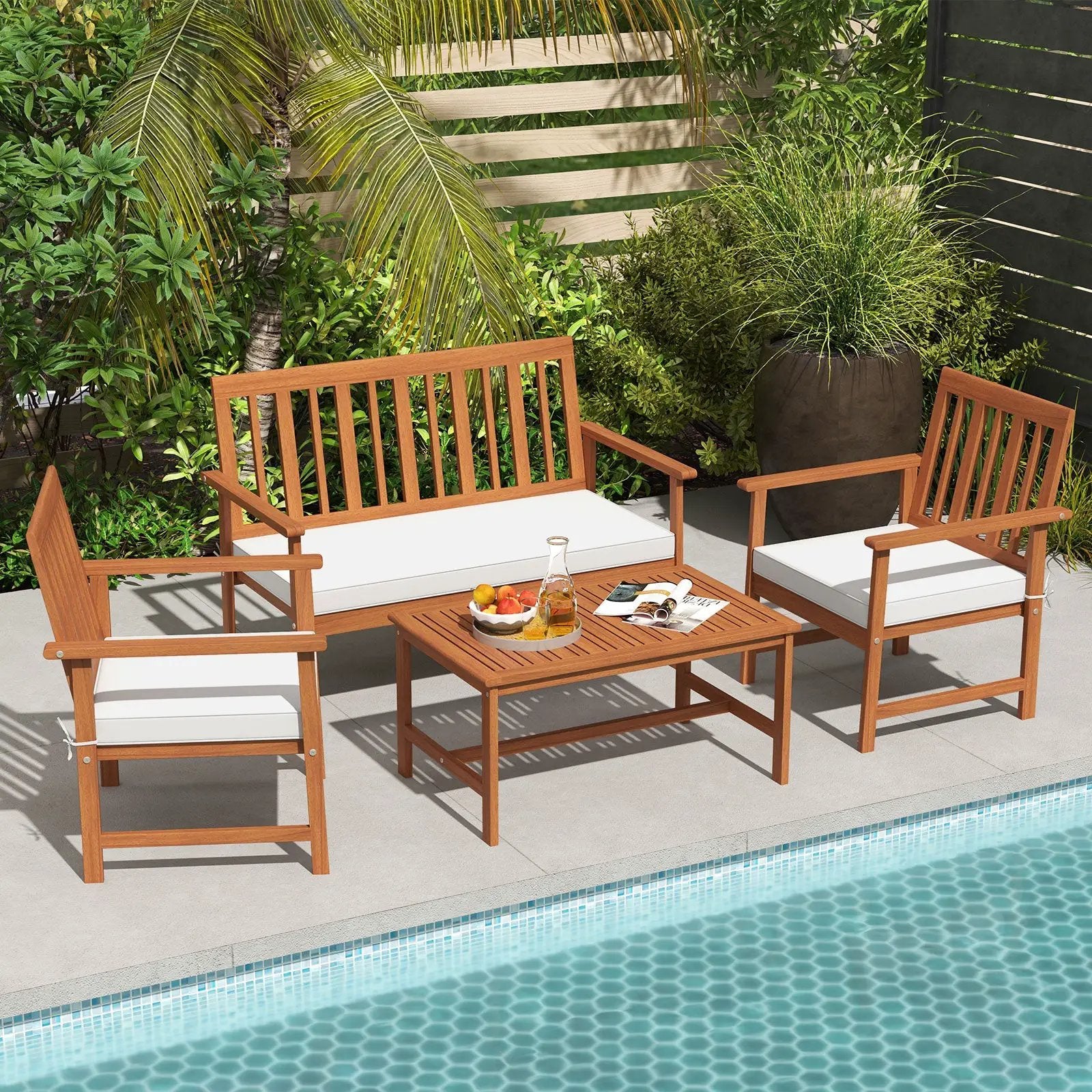 4 Pieces Acacia Wood Furniture Set with Seat Cushions and Robust Wood Frame-White by DirectDeals