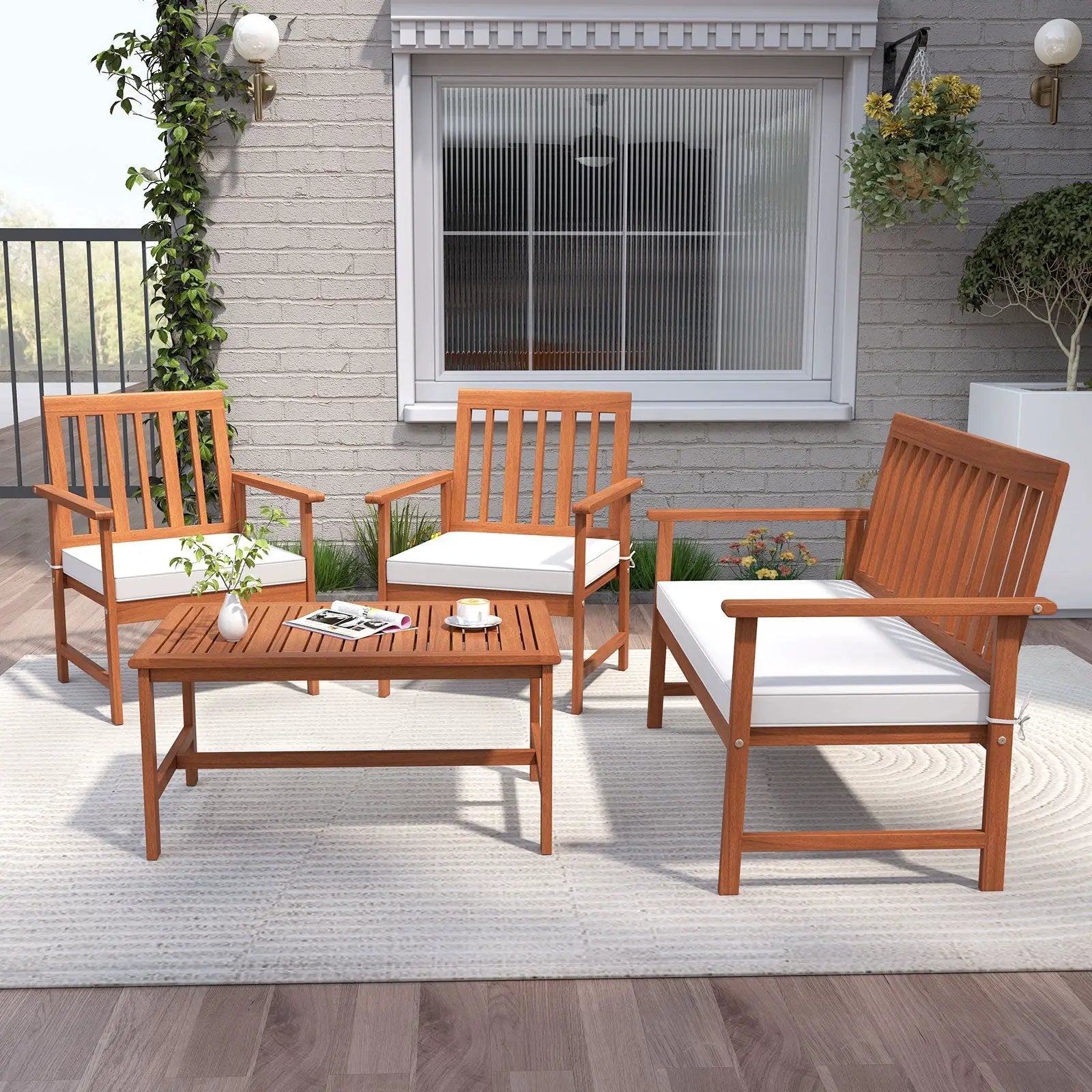 4 Pieces Acacia Wood Furniture Set with Seat Cushions and Robust Wood Frame-White by DirectDeals