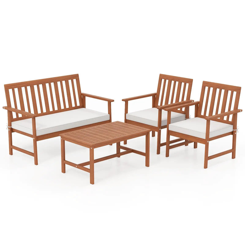 4 Pieces Acacia Wood Furniture Set with Seat Cushions and Robust Wood Frame-White by DirectDeals