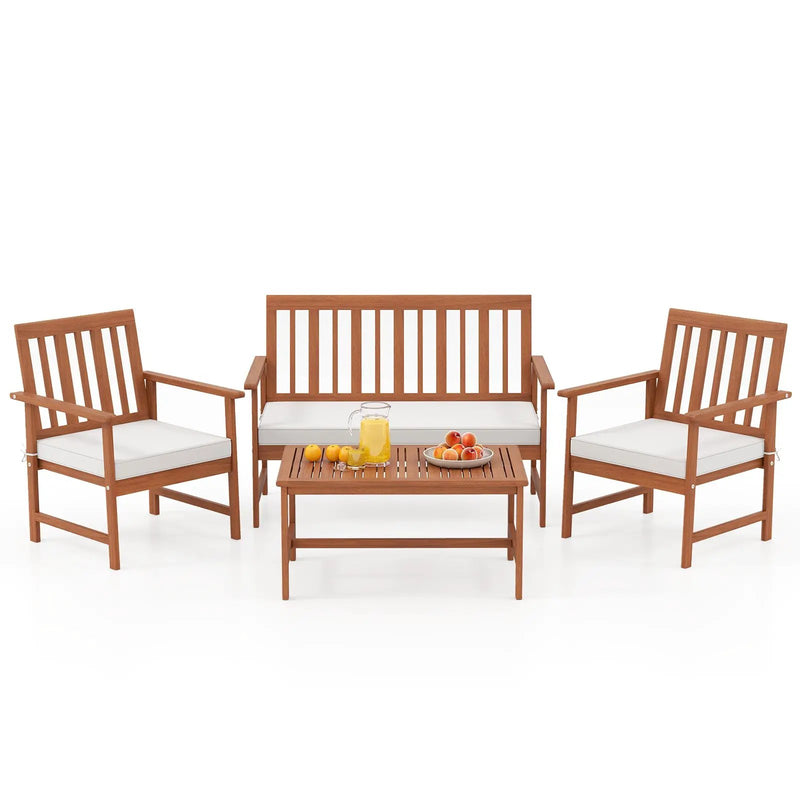 4 Pieces Acacia Wood Furniture Set with Seat Cushions and Robust Wood Frame-White by DirectDeals