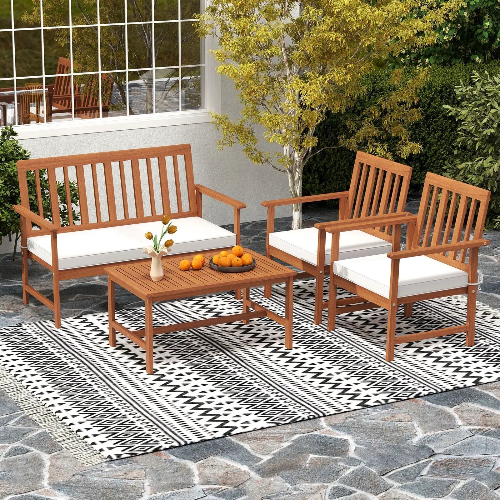 4 Pieces Acacia Wood Furniture Set with Seat Cushions and Robust Wood Frame-White by DirectDeals