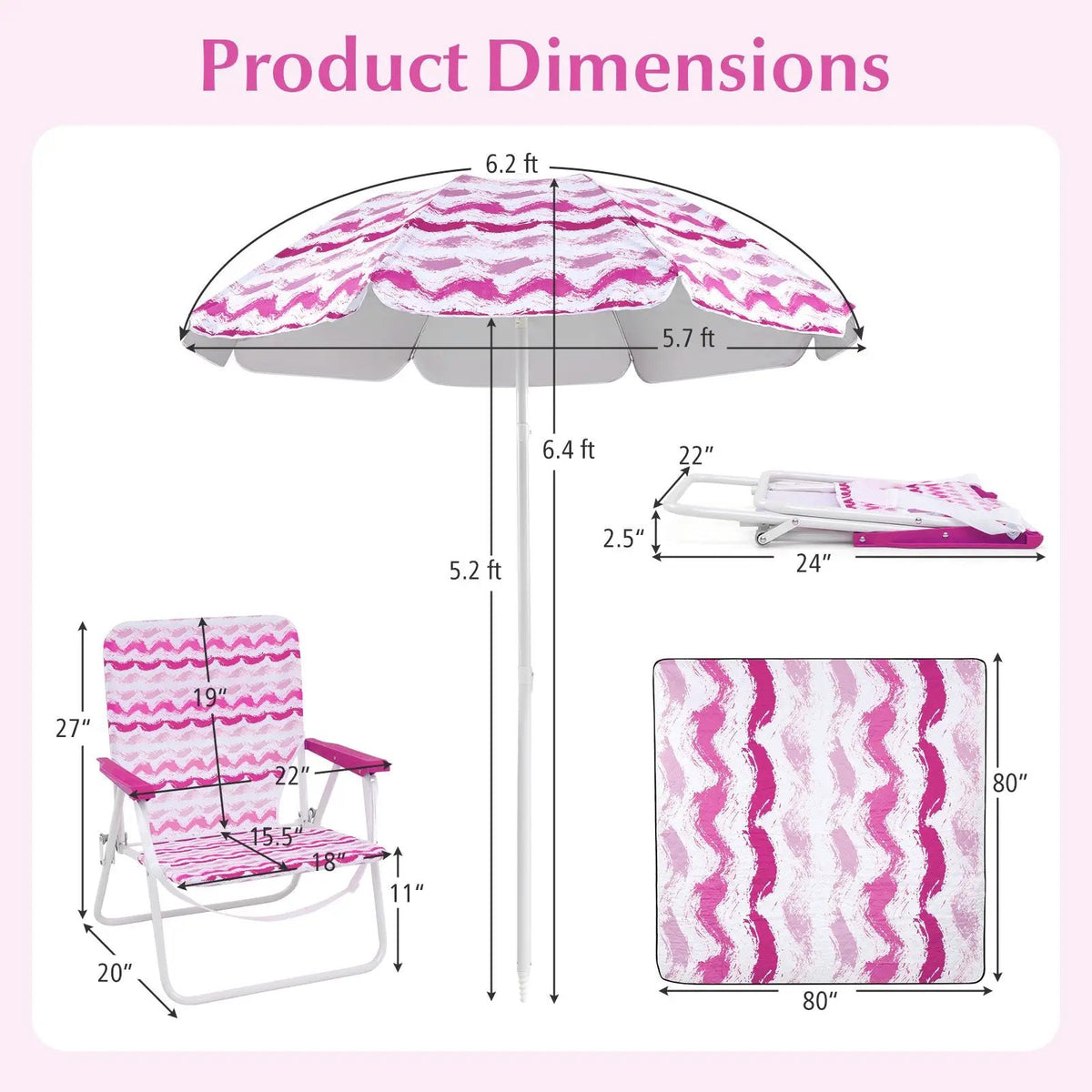 4 Pieces Beach Umbrella Set with 2 Foldable Chairs and Picnic Blanket, photo 10 of 16