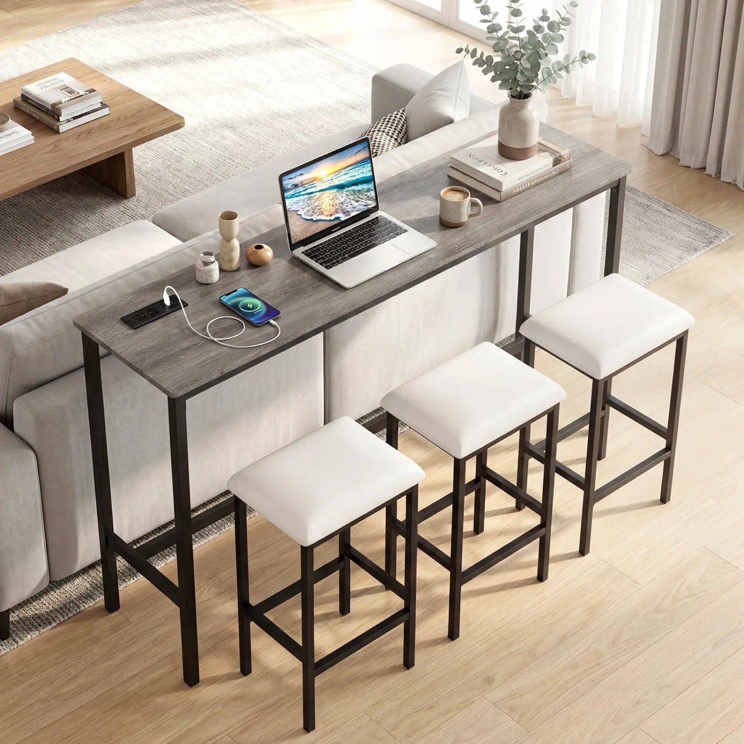 4 Pieces Counter Height Bar Table with Power Outlet with 3 Padded Stools by DirectDeals
