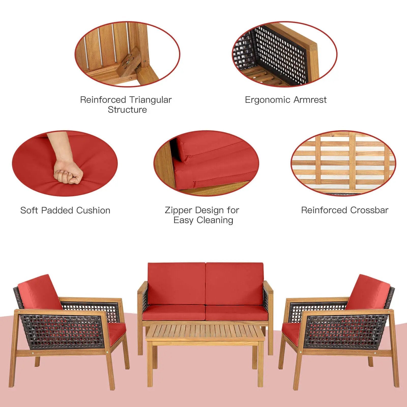 4 Pieces Patio Rattan Furniture Set with Removable Cushions by DirectDeals