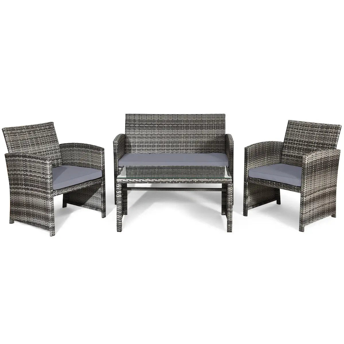 4 Pieces Patio Rattan Furniture Set with Glass Table and Loveseat-Gray by DirectDeals
