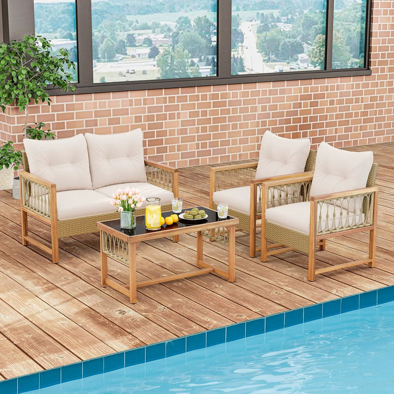 4 Pieces Outdoor Patio PE Wicker Conversation Bistro Set with Acacia Wood Frame-Brown by DirectDeals