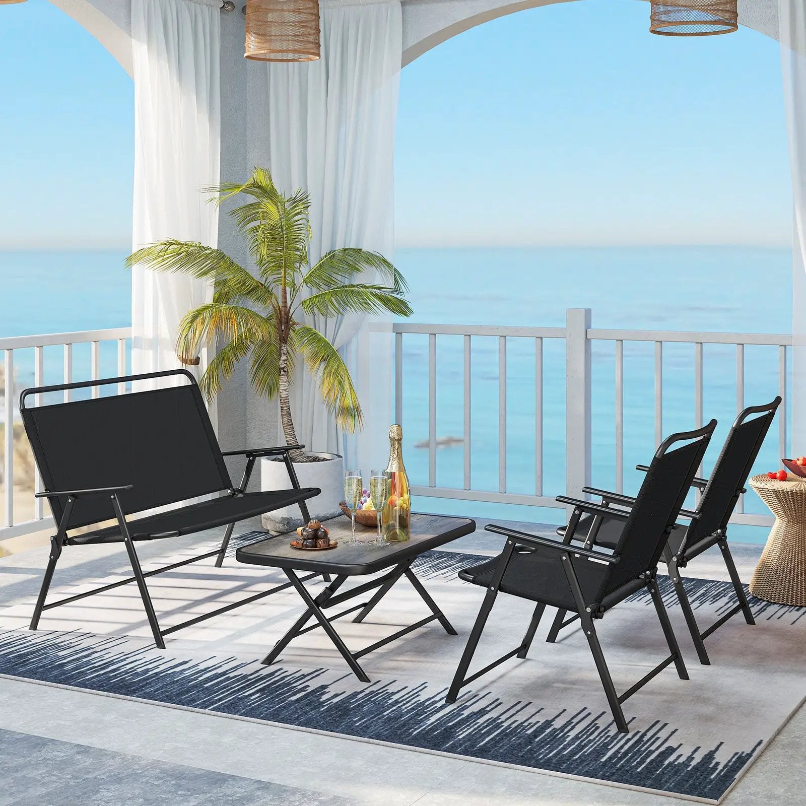4 Pieces Patio Folding Furniture Set with SPC Coffee Table and Patio Chairs-Black by DirectDeals